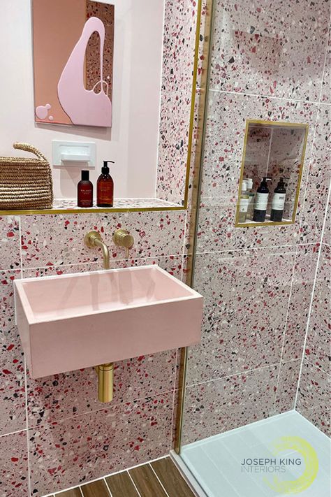 Don't be affraid to be bold in a small bathroom.  These large terrazzo tiles really pack a punch in this pink bathoom scheme we created for a home in Bristol. Terrazo Tiles Bathroom, Pink Terrazzo Bathroom, Terrazzo Bathroom Design, Terrazo Tile, Large Terrazzo, Modern Pink Bathroom, Terrazzo Bathroom, Pink Terrazzo, Terrazzo Tiles