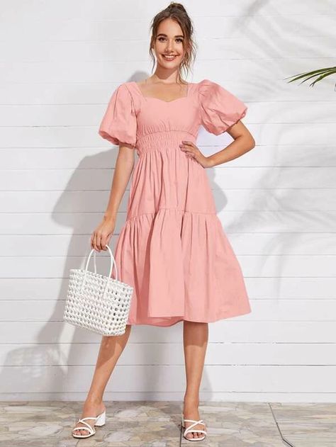 Ruffle Hem Puff Sleeve Dress | SHEIN USA Puff Dress, Puff Sleeve Dress, Sweetheart Dress, Bishop Sleeve, Puff Sleeve Dresses, Ruffle Hem Dress, Puffed Sleeves Dress, Girls Fashion Clothes, Solid Dress