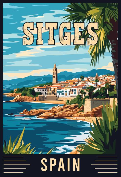 Discover the coastal beauty of Sitges, Spain, with this vintage travel art. Immerse yourself in the golden beaches, lively festivals, and historic architecture of this vibrant Mediterranean town. Let this artwork inspire your next Spanish adventure to the sun-soaked shores of Sitges. 🌊🇪🇸 #SitgesSpain #VintageTravelArt #SpainTravel #MediterraneanEscape Mediterranean Town, Sitges Spain, Historic Architecture, Golden Beach, Sitges, Travel Design, Historical Architecture, Poster Vintage, Spain Travel