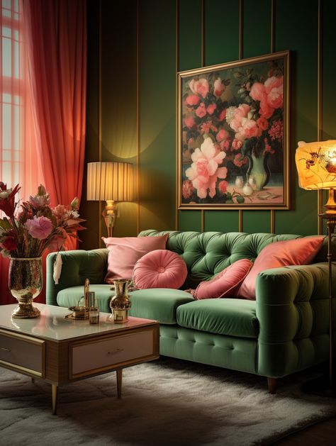 Eclectic Hollywood Regency, Anthropology Home Interior Design, Glam Room Ideas Small Spaces, Coral Living Rooms, Hollywood Regency Interior, Eclectic Glam, Colorful Maximalist, Pink Living Room Decor, Victorian Hallway