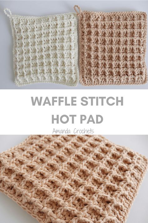 Waffle Stitch Hot Pad Hot Pad Crochet, Crochet Waffle, Crochet Waffle Stitch, Crochet Newborn Hat, Crochet Potholder Patterns, Crochet Bobble, Crochet 101, Crochet Hot Pads, Dishcloth Crochet Pattern