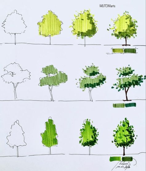 Drawing Trees With Markers, Tree Drawing Marker, How To Draw Trees With Markers, Tree Drawing With Markers, Landscape Alcohol Markers, Landscape Drawing Tips, Marker Landscape Drawing, Alcohol Markers Architecture, Tree Alcohol Markers