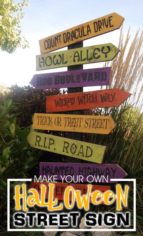 Learn how to make your own Halloween Street Sign with this step by step tutorial. Halloween Street Signs, Pallet Halloween Decorations, Pallet Halloween, Halloween Street, About Halloween, How To Make Stencils, Halloween Fonts, Street Sign, Halloween Signs