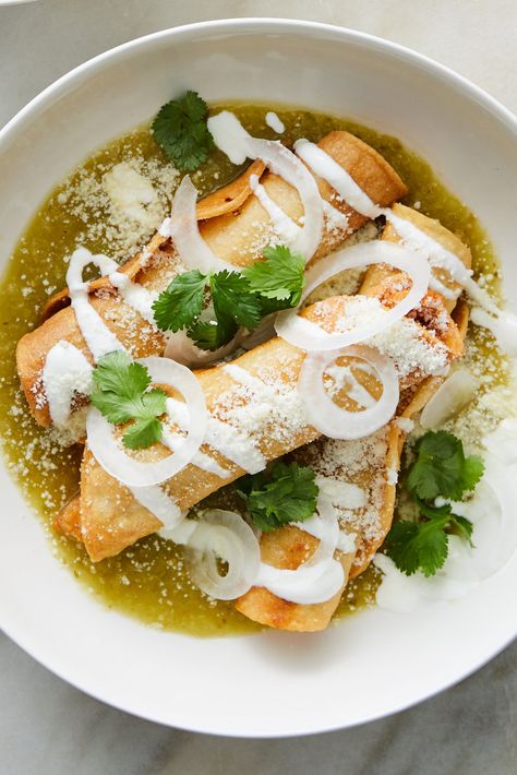 Elote Cart, Flautas Ahogadas, Chicken Flautas, Tomatillo Sauce, Mexican Crema, Shredded Chicken Tacos, Latin American Food, Salsa Verde Chicken, Tomatillo Salsa