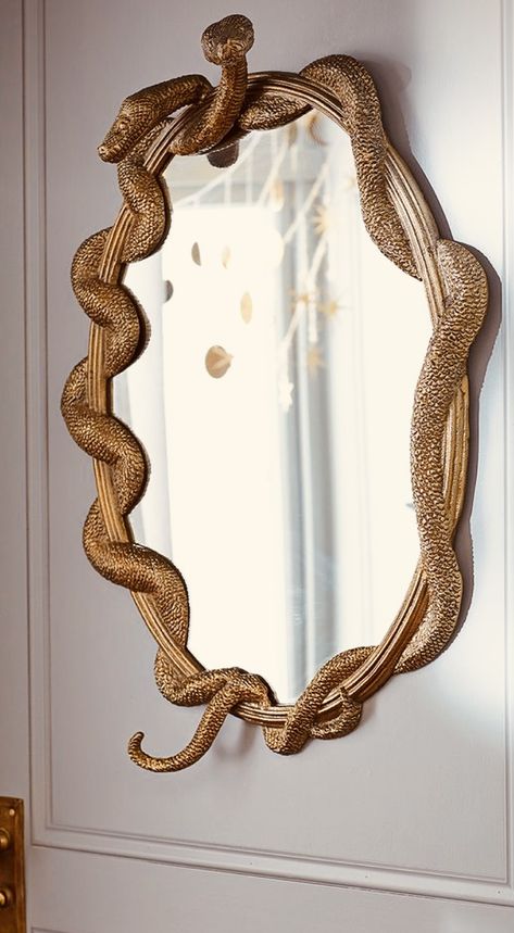 Harry Potter Snake Mirror, Classy Aesthetic Decor, Gold Snake Mirror, Goddess Bathroom Decor, Snake Furniture Design, Gold Snake Decor, Snake Mirror Diy, Old Mirror Aesthetic, Snake Bathroom