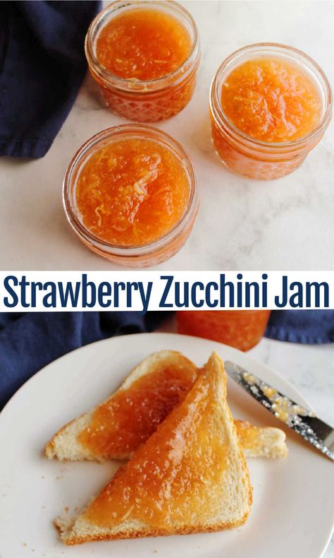 This mock strawberry zucchini jam is such a fabulous way to turn your summer squash harvest into something unexpected and delicious. It is quick to put together and fabulous spread over toast or swirled into yogurt. Strawberry Zucchini Jam For Canning, Zucchini Jelly Or Jam, Zucchini Jam Recipes, Strawberry Zucchini Jam, Zucchini Jelly, Strawberry Zucchini, Mock Strawberry, Zucchini Jam, Jam Ideas