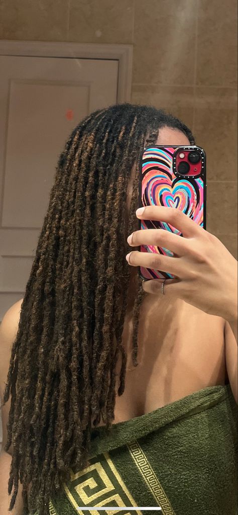 Dreads On Light Skin Women, Long Thick Locs Black Women, Healthy Locs Aesthetic, Locs With Cowrie Shells, Long Healthy Locs, Women’s Locs, Chestnut Brown Locs, Small Long Locs, Locs Black Women Color