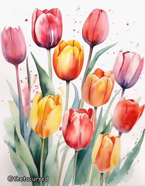 Watercolor Dreams Series, by ThetaCursed, License for use: CC BY-NC 4.0 Tulip Watercolor Painting, Watercolour Tulips, Watercolor Flowers Tutorial, Floral Watercolor Paintings, Watercolor Tulips, Acrylic Painting Flowers, Diy Watercolor Painting, Watercolor Red, Watercolor Projects