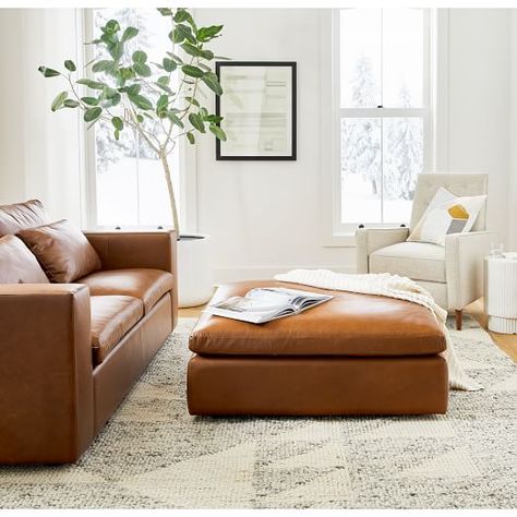 Large Leather Ottoman Living Room, Large Ottoman Living Room, Leather Ottomans Living Room, Leather Ottoman Coffee Table, Cottage Makeover, Art Marocain, Austin House, Bedroom Ottoman, Stylish Ottomans