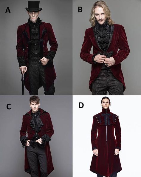 Which is Ur Fav? A,B,C,D? A link: http://bit.ly/2AflmCL B link: http://bit.ly/2P8oAAn C link: http://bit.ly/2yOgxyo D link: http://bit.ly/2PGXi0T www.devilnight.co.uk | We Ship Worldwide #devilnight #devilnightuk #devilfashion #goth #gothic #masqueradeball #masqueradeparty #gothicoutfit #gothicstyle #gothicsuit #mensgoth #gothicclothing #gothicmen #gothiccoat #gothicjacket #gothiclook #partysuit Ball Suits, Gothic Suit, Gothic Coat, Gothic Jackets, Gothic Men, Gothic Looks, Party Suits, Masquerade Party, A B C D