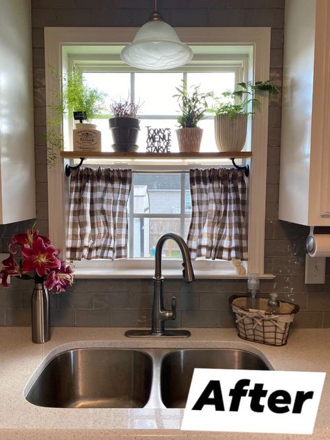 Decorating Ideas For A Small Home, Kitchen Window With Shelf And Curtain, Kitchen Window Farmhouse Decor, Kitchen Window Shelves Farmhouse, Kitchen Bottom Cabinets Open Shelves, Window Shelf Curtain Rod Combo, Small Apartment Window Ideas, Rural Home Decor, Kitchen Garden Decor