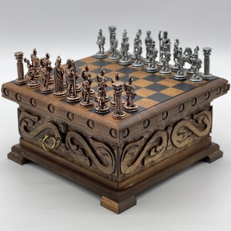 Personalized Boxed Puzzle Chess Set With Hidden Compartment With Chess Board 🫴🏼😍 Don’t miss the opportunity to get a 40% discount! Free shipping! For ordering 👇👇👇 www.asyawoodart.com . . . . . . . #chess #chessset #chesspieces #chessboard #sale #discount #discounts #discountshopping Unique Chess Sets, Glass Chess Set, Large Chess Set, Chess Figures, Metal Figures, Metal Chess Set, Glass Chess, Chess Boxing, Personalised Wooden Box