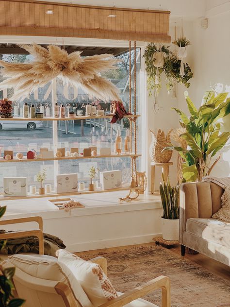 Window boho aesthetic Boho Salon Bathroom, Boho Glam Salon Decor, Australian Salon Design, Boho Nails Salon Decor, Window Display Hair Salon, Boho Salon Wall Decor, Hair Salon Window Treatments, Salon Suite Retail Display Ideas, Floating Product Shelves Salon