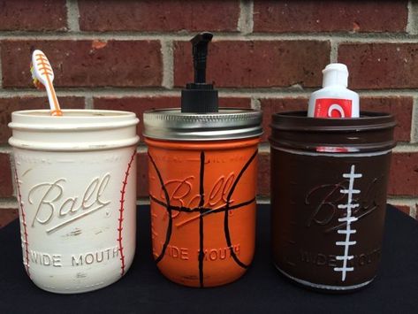 Sports Bathroom, Mason Jar Bathroom Decor, Boys Bathroom Decor, Bathrooms Decor, Theme Bathroom, Sport Theme, Bathroom Decor Themes, Boy Bath, Mason Jar Bathroom