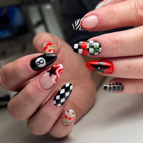 when your client asks for black, white, & cherries and this is what your brain puts together🍒🏁 | Instagram Cherry And Checkered Nails, Black Nails With Cherries, Lucky Nails Design, Black Cherry Nails Design, Ace Of Hearts Nails, Every Nail Different Design, Poker Nails Design, Black White And Red Nails, Race Day Nails