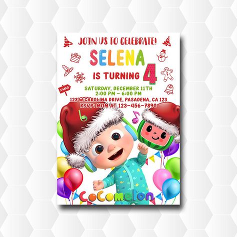 Cocomelon Christmas, Funny Birthday Invitations, Christmas Invitations, December 11, Party Birthday, Christmas Birthday, Christmas Party, Birthday Invitations, Book Cover