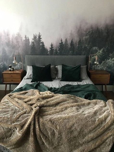 22 Fantastic Forest Theme Bedroom Ideas | Balcony Garden Web Idea Bilik Tidur, Reka Bentuk Bilik Tidur, Forest Bedroom, Moody Forest, Bedroom Beige, Dark Paint Colors, Forest Mural, Hiasan Bilik Tidur, Bold Decor