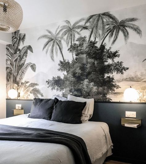 Wallpaper Headboard, Floating Headboard, Brownstone Homes, Painted Headboard, Target Inspired Home Decor, Beautiful Headboards, Jungle Mural, Wallpaper Door, Headboard Ideas