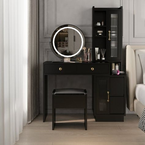 Ktaxon Dressing Table Set with 3-Color Lighted Mirror, Vanity Table & Cushioned Stool with USB Charging Station, Makeup Table Set for Women,Black - Walmart.com Vanity Desk With Mirror, Mirrored Vanity Table, Desk With Mirror, Modern Makeup Vanity, Makeup Vanity Table, Modern Makeup, Mirrored Vanity Desk, Dressing Table With Chair, Vanity Table Set