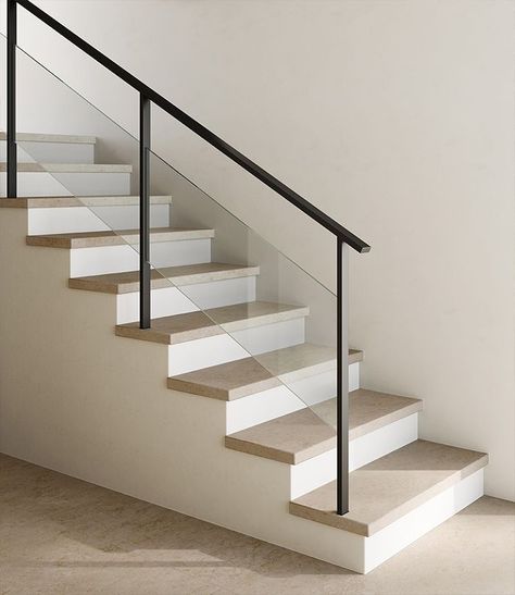 Stairs Tiles Design, Tiled Staircase, Glass Handrail, Stair Railing Design, Stone Interior, Tile Stairs, Stone Stairs, Stairs Design Modern, Floor Edging