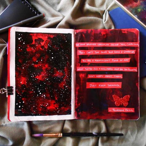 Did this journal page some weeks back 😊 with a poetry by Tehreem Fazal. Materials used: • Red, black and white acrylic paints. • White gel pen • Red scrapbook paper . . . // artjournal , red , galaxy , art , journal , inspiration , bujo , pin , save , color , book , quote , notebook , journalpage , idea , paint , instagram , stars , artist , brush , watercolor , acrylic , tumblr , aesthetic , flatlay , photography // Red And Black Scrapbook Ideas, Red Art Journal Page, Red Journal Aesthetic, Red Scrapbook Paper, Red Scrapbook, Acrylic Sticker, Aesthetic Flatlay, Quote Notebook, Idea Paint