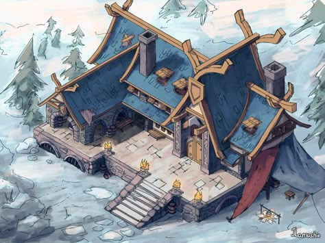 Nordic Village Concept Art, Valheim Great Hall, Viking Castle Art, Viking Building Concept Art, Viking House Design, Viking House Concept Art, Valheim Building Ideas, Enshrouded Build, Viking Concept Art