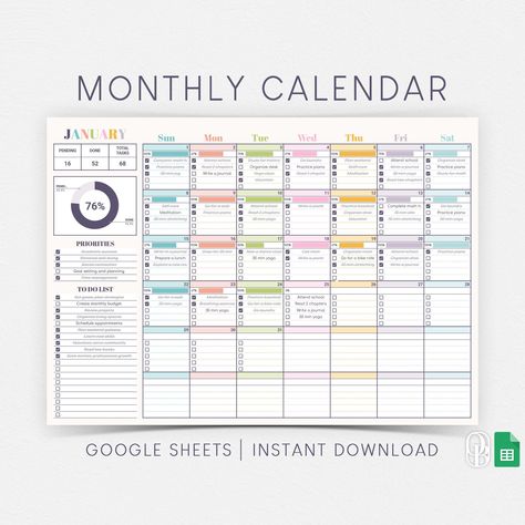 Monthly Calendar - Unlimited Years - Sunday & Monday Start -  Tracker - To Do List - Google Sheets Template - Spreadsheet - Instant Download freeprintableplanner #gratitudeplanner Excel Sheet Aesthetic, Google Spreadsheet Aesthetic, Google Sheets Aesthetic, Excel Aesthetic, Google Sheets Calendar, Google Sheets Planner, Google Sheets Templates, Spreadsheet Design, Excel Calendar Template