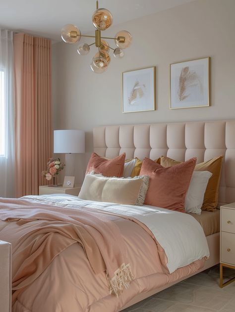 Peach And Gold Bedroom, Gold Accent Bedroom Ideas, Pink Gold And White Bedroom, Pink Accent Bedroom, Pink White And Gold Bedroom, Beige And Pink Bedroom, Glam Bedroom Decor Pink, Gold And Pink Bedroom, Pink And Cream Bedroom