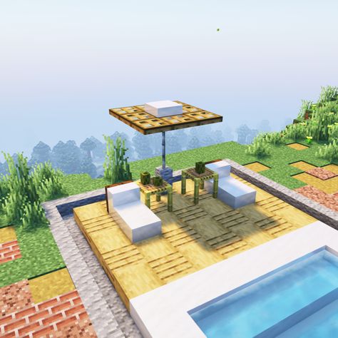 Minecraft Volleyball Court, Minecraft Beach Chairs, Pool Ideas Minecraft, Minecraft Conversation Pit, Minecraft Flamingo, Picnic Table Minecraft, Minecraft Jacuzzi, Minecraft Deck Ideas, Minecraft Picnic Table