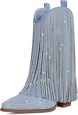 Ouepiano Cowboy Boots for Women - Rhinestone Cowgirl Boots with Glitter Fringe Pointed Toe Western Ankle Boots & Booties Chunky Heel Pull-On Rhinestone Cowgirl Boots, Short Western Boots, Cowboy Boots For Women, Rhinestone Cowgirl, Ankle Cowboy Boots, Cowboy Ankle Boots, Fringe Ankle Boots, Western Ankle Boots, Denim Boots