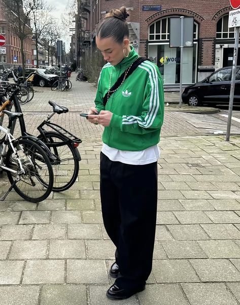 Green Adidas Jacket Outfit, Green Adidas Track Pants Outfit, Adidas Firebird Jacket Outfit, Track Jacket Outfit Street Style, Sport Aesthetic Outfit, Adidas Jacket Outfit Street Style, Adidas Track Jacket Outfit, Track Jacket Outfit, Adidas Jacket Outfit