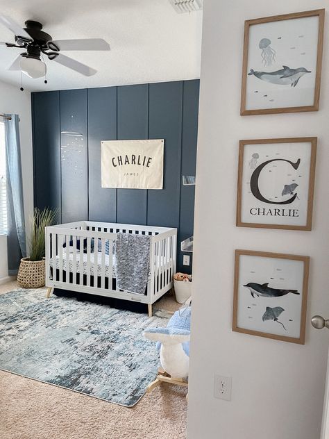 Blue Nursery Black Crib, Delta Crib, Navy Blue Nursery Boy, Baby Blue Nursery, Baby Cam, Blue Nursery Boy, Nursery Accent Wall, Boy Nursery Themes, Baby Nursery Inspiration