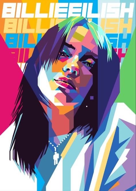 Billie Eilish Pop Art, Wpap Art, Low Poly Art, Pop Art Portraits, Pop Art Posters, Digital Portrait Art, Vector Portrait, Pop Art Painting, Portrait Illustration