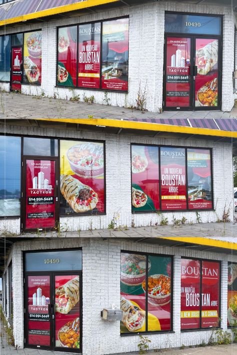 Temporary construction hoarding window graphics “Opening soon” designed, printed and installed for the upcoming location of the restaurant franchise Boustan in Pie-IX, Montreal-Nord. Open Soon Design, One Way Vision Window Graphics, Food Display Design, Graphic Design Restaurant Branding, Restaurant Window Graphics, Franchise Poster Design, Window Graphic Design Store Fronts, Construction Hoarding, Outdoor Advertising Design