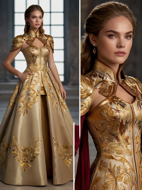 White And Gold Gown Goddesses, Gold Armor Aesthetic, Gold Gown Aesthetic, Magnificent Century Dress, Gold Fantasy Dress, Ballgown Aesthetic, Fantasy Ballgown, Golden Ball Gown, Gold Princess Dress