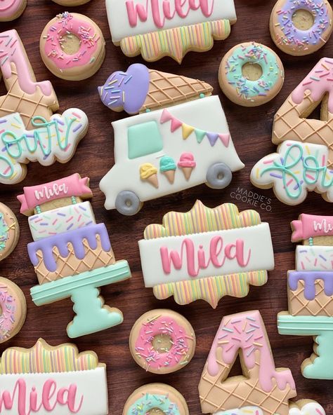 4 Ever Sweet Birthday Cookies, Four Ever Sweet Cookies, Ice Cream Sugar Cookies Decorated, Ice Cream Birthday Cookies, Ice Cream Party Cookies, Ice Cream Theme Cookies, Dessert Theme Party, Sweet One Cookies, Two Sweet Cookies