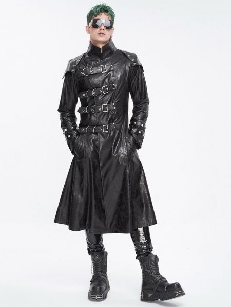 Black Gothic Punk Leather Studded Multi-Buckle Belt Long Trench Coat for Men - Devilnight.co.uk Leather Shoulder Armor, Long Black Trench Coat, Plus Size Sleepwear, Faux Leather Coat, Long Coats, Trench Coat Men, Chevron Dress, Long Trench, Long Trench Coat