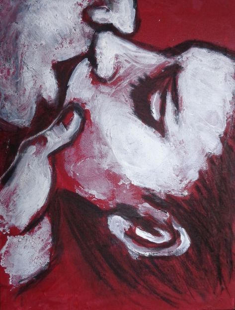 Lovers - Kiss In Red Original contemporary figurative painting on canvas, painted edges and ready to hang. The painting is part of a series of close-up images of couple in love kissing. Heavy textured painting made using charcoal and acrylics applied by palette knife. Size 40 cm x 30 cm x 1 cm (16 " x 12" x 0.5"). Certificate of Authenticity. Deliver carefully rolled in a mailing tube. FREE  next day delivery only in U.K. Kiss Painting, Romance Art, Soyut Sanat Tabloları, Shiva Shakti, Romantic Art, Painting Edges, Love Painting, Figure Painting, Figurative Art