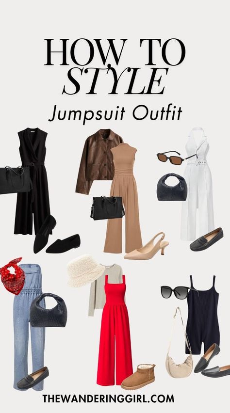 Jumpsuits In Winter, Business Casual Jumpsuit Work Outfits, Sleeveless Jumpsuit Outfit With Jacket, Style A Jumpsuit For Winter, What To Wear With A Jumpsuit, Fall Jumpsuit Outfit Wedding, Jumpsuit With Boots Outfits, Tan Jumpsuit Outfit, Styling A Black Jumpsuit