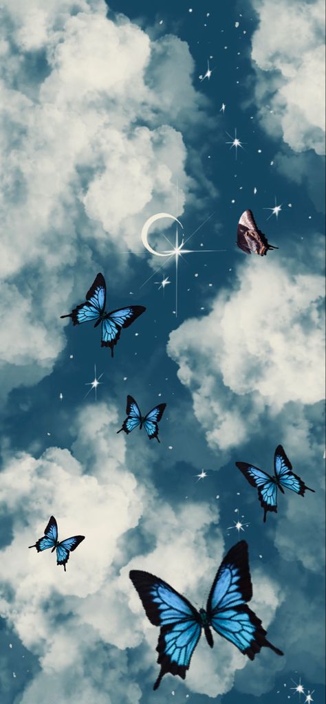 Moon, stars, blue butterflies, clouds, wallpaper Sky Blue Butterfly Wallpaper, Blue Buterfluffy Wallpaper, Blue Butterfly Background Aesthetic, Blue Buterfluffy, Moon And Butterfly Wallpaper, Wallper Background, Blue Butterfly Wallpaper Aesthetic, Blue Sky With Moon, Blue Butterfly Background