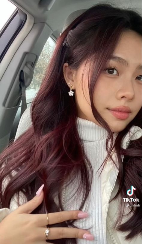 Hair Color Cherry Coke, Cherry Brown Hair, Pelo Color Vino, Wine Hair Color, Red Hair Color Ideas, Hair Color Asian, Wine Red Hair, Red Hair Inspo, Wine Hair