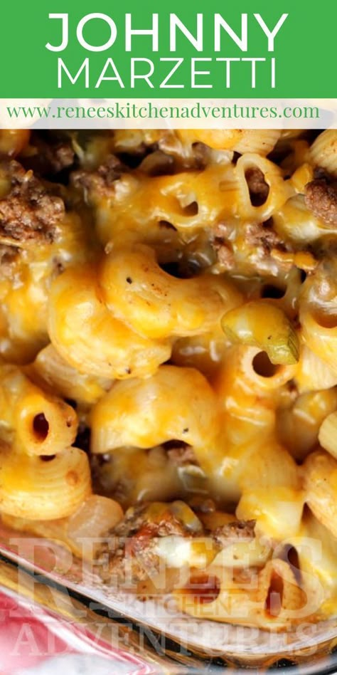 Johnny Marzetti by Renee's Kitchen Adventures is the BEST easy pasta and beef baked casserole dish perfect for potlucks and big families! This recipe has been passed down for generations! #RKArecipes Best Johnny Marzetti Recipe, Mazetti Recipe Johnny Marzetti, Easy Meals With Ground Beef And Noodles, Mazetti Recipe, Fall Ground Beef Recipes, Johnny Marzetti Recipe, Johnny Marzetti Casserole, Marzetti Casserole, Johnny Marzetti