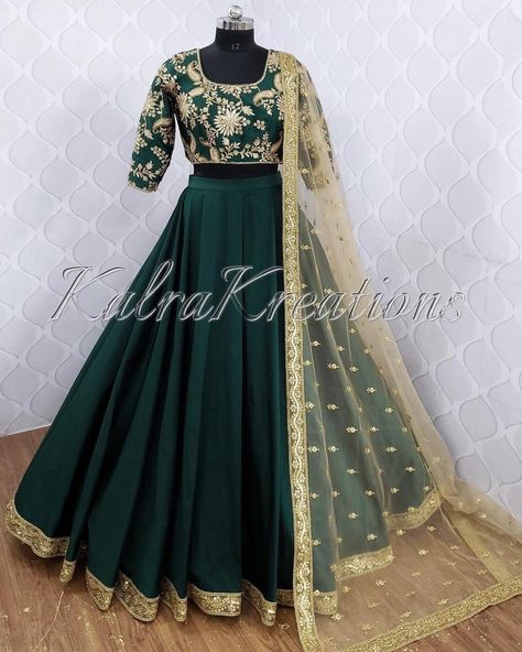 Green Lehenga Simple, Lehenga Dark Green, Party Wear Long Gowns, Fancy Lehenga, Designer Bridal Lehenga Choli, Long Frock Designs, Simple Lehenga, Stitched Lehenga, Indian Bride Outfits