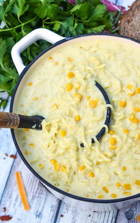 Ramen Noodle Chowder - The Quicker Kitchen Peanut Butter Ramen, How To Make Ramen, Ramen Noodle Recipes, Cooked Carrots, Ramen Recipes, Ramen Noodle, Steamed Broccoli, Creamed Corn, Easy Soup