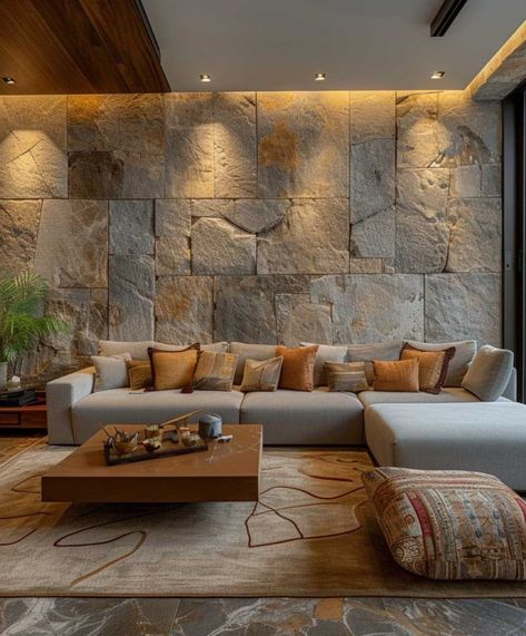 Stone Wall Living Room Ideas, Living Room With Stone Wall, Stone Wall Interior Design Modern, Interior Wall Tiles Living Room, Granite Wall Design, Stone Accent Walls In Living Room, Rock Wall Interior, Stone Wall Cladding Interior, Interior Stone Wall Ideas