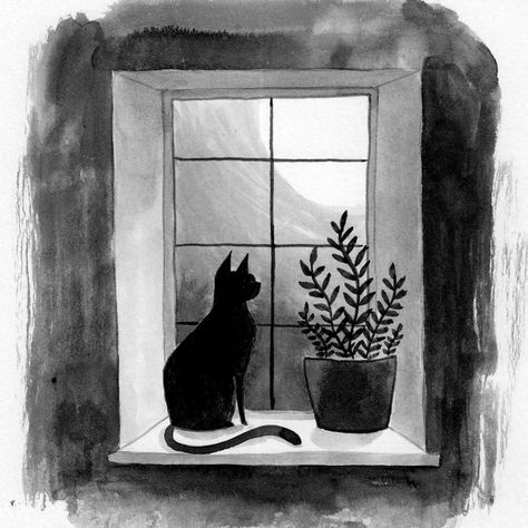 Cat In Window Drawing, Julianna Swaney, Crayons Pastel, Window Illustration, Ideas For Cats, Window Drawing, October Autumn, Cat Sketch, Cat Window