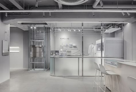 Futuristic Lab, Lab Interior, Space Lab, Laboratory Design, Coffee Lab, Cafe Concept, Counter Design, Clinic Design, White Lab