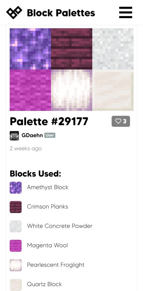 Block Combination Minecraft, Minecraft Block Combinations, Minecraft Palettes, Minecraft Palette, Minecraft Block Palette, Minecraft Pallets, Minecraft Creative Ideas, Block Pallets, Minecraft Materials