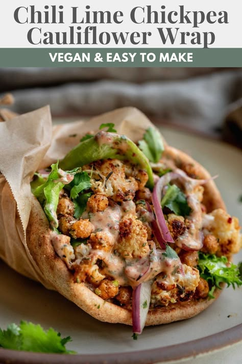 This Chili Lime Chickpea Cauliflower Wrap is a simple veggie packed sheet pan meal that comes together quick in the oven. Served dressed in a creamy umami rich chipotle lime sauce. Vegetarian Friendly Meals, Chickpea And Cauliflower, Care Meals, Vegetarian Ideas, Brain Storm, Revenge Body, Happy Eating, Starch Solution, Vegan Body