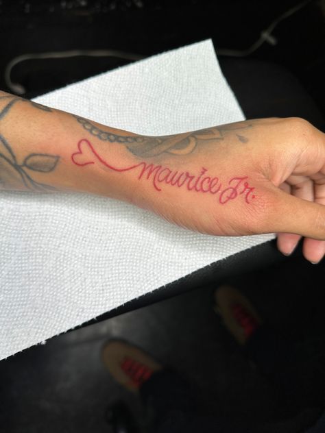 Red Name Tattoos For Women, Jada Tattoo Name, Red Tattoo Black Outline, Name Tattoos In Red Ink, Name Tattoos Red Ink, Name Tattoos Hand, Name Incorporated Tattoos, Red Ink Name Tattoo, Tat My Name On You So I Know Its Real